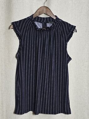 Adrianna Papell Navy and White Striped Ruffle-Neck Flutter Sleeve Blouse